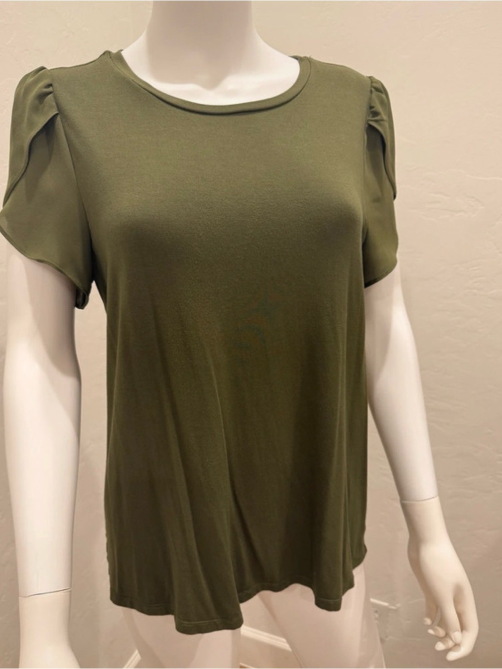 Olive Short Sleeve Women's Blouse with Gathered Shoulder Detail